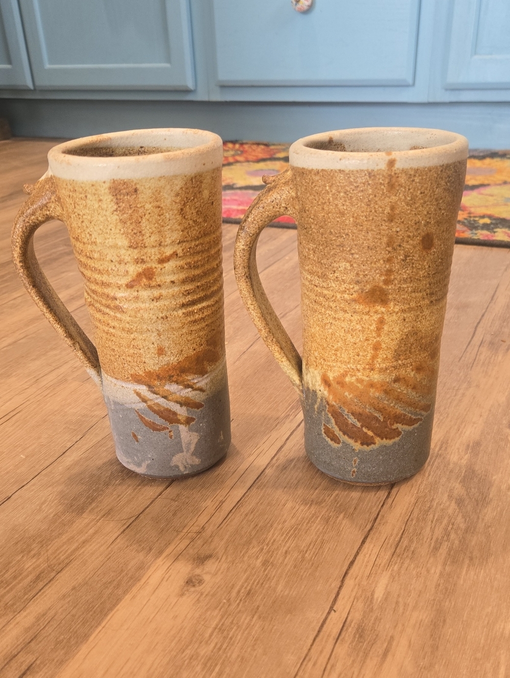 Handmade Stoneware Tall Mugs in Golden Brown and Gray (Set of 2)